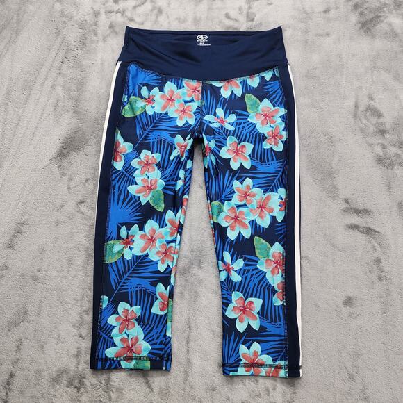 Athletic Works Leggings Womens M Blue Tropical Floral Crop Capri Workout Yoga - Picture 1 of 8